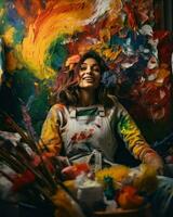 une femme séance dans de face de une vibrant peinture, admiratif ses couleurs et coups de pinceau.. génératif ai photo