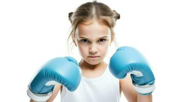 un en colère fille avec une bleu boxe gant sur sa affronter. génératif ai photo