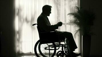 silhouette de une homme séance dans une fauteuil roulant. génératif ai photo