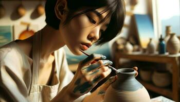 fermer photo de une Jeune asiatique femme avec court noir cheveux, intensément se concentrer sur La peinture une céramique vase.. génératif ai