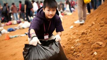 déterminé Jeune garçon en portant une poubelle sac pendant une communauté nettoyer.. génératif ai photo