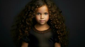 une portrait de une peu fille avec frisé cheveux et une sérieux expression.. génératif ai photo