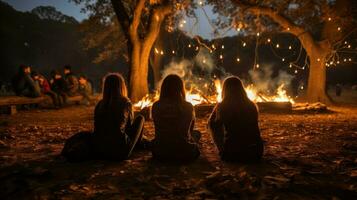 copains séance autour une feu dans le les bois.. génératif ai photo