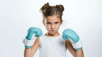 un en colère fille avec une bleu boxe gant sur sa affronter. génératif ai photo