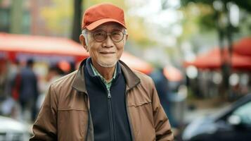 asiatique vieux homme visite une rue marché dans le des rues de Asie. génératif ai photo