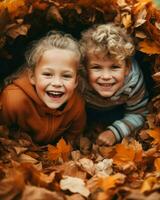 deux joyeux enfants, leur visages radieux, entouré par vibrant l'automne feuilles, création une pittoresque moment de pur bonheur.. génératif ai photo