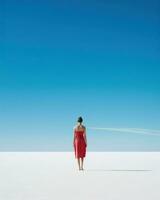 une frappant femme dans une rouge robe des stands dans une vaste, blanc champ, sa présence commandant attention.. génératif ai photo