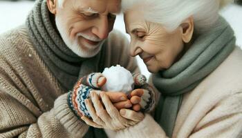 personnes âgées couple regards à boules de neige dans leur mains. génératif ai photo