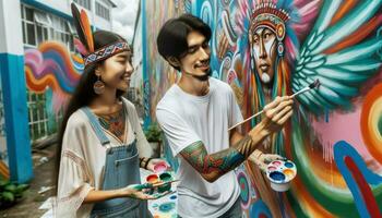 fermer de deux diverse personnes, une sud-est asiatique Masculin et un indigène femme, engagé dans La peinture une mural sur une communauté centre mur. génératif ai photo