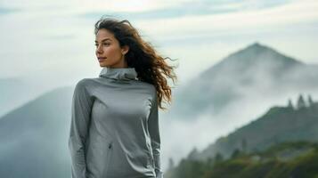 une contemplatif femme respiration dans le Frais Montagne air. une majestueux Montagne intervalle avec Matin brume.. génératif ai photo