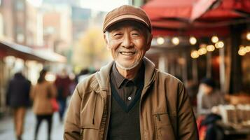 asiatique vieux homme visite une rue marché dans le des rues de Asie. génératif ai photo