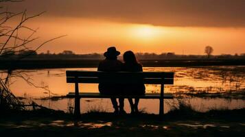 retour vue de une couple en train de regarder une serein coucher de soleil, séance sur une banc.. génératif ai photo