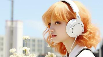 roux femme avec blanc écouteurs, posant dans une ville environnement.. génératif ai photo