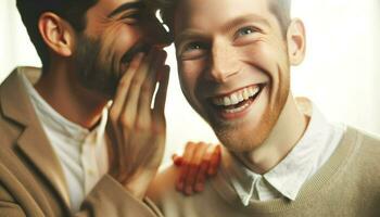 un la personne chuchotement dans leur les partenaires oreille, tous les deux avec embrasé des sourires.. génératif ai photo