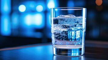 verre de l'eau avec la glace cubes sur une en bois table dans une bar. ai généré photo