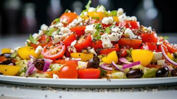 grec salade avec feta fromage, Cerise tomates et noir Olives ai généré photo