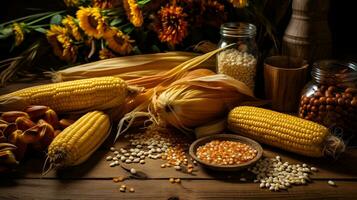 rustique encore la vie de maïs, et tournesols sur en bois table photo