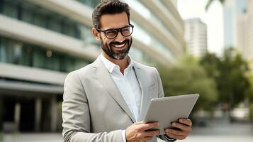 souriant Sénior PDG avec tablette dans de face de Bureau bâtiment. sur de soi Masculin entrepreneur en cours d'analyse rapport plus de portable tandis que permanent avec Bureau Contexte. entreprise, commercialisation, publicité. photo