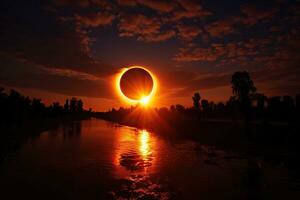Naturel phénomène - total solaire éclipse, rivière, des arbres dans le sombre. généré par artificiel intelligence photo