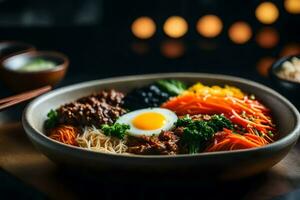 le caméra est concentré étroitement sur Bibimbap, lequel est une célèbre coréen plat le zone à le retour regards floue ou difficile à voir ai généré photo