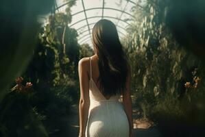 femme fermer blanc robe retour dans botanique jardin. produire ai photo