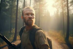 homme en marchant vers fusil. produire ai photo