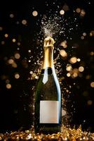 Champagne bouteille éclater avec confettis célébrer une spécial moment isolé sur une blanc Contexte photo