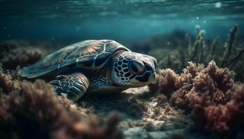 une magnifique mer tortue nager dans le sous-marin récif généré par ai photo