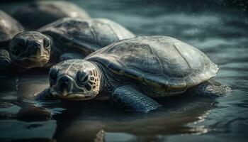 une lent tortue rampe sous-marin, ses coquille mélange avec la nature généré par ai photo
