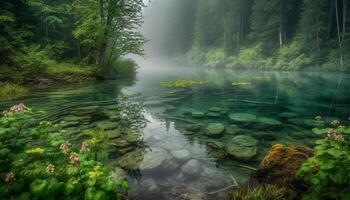 le vert forêt reflète ses beauté dans le tranquille étang généré par ai photo