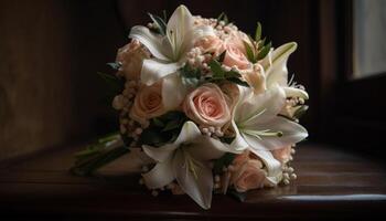 une magnifique bouquet de Frais fleurs décore le mariage table généré par ai photo