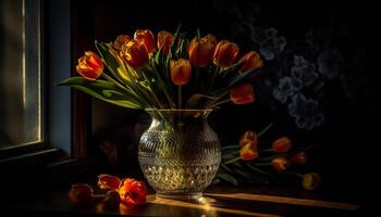 Frais tulipes dans une vase, apportant la nature beauté à l'intérieur généré par ai photo