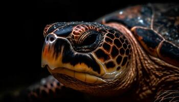 une lent, tortue des promenades sous-marin, ses dure coquille dans concentrer généré par ai photo