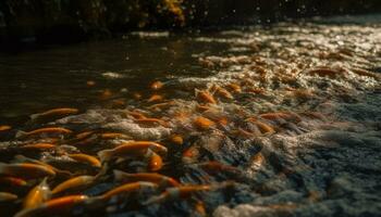 sous-marin poisson nager dans une tranquille étang, entouré par la nature généré par ai photo