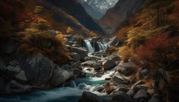 majestueux Montagne culminer, tranquille scène, écoulement eau, l'automne feuillage généré par ai photo