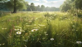 magnifique été prairie, vert herbe, fleurs sauvages, Jaune marguerites, bleu ciel généré par ai photo