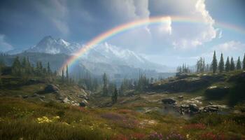 majestueux Montagne culminer, arc en ciel couleurs, tranquille prairie, été aventure généré par ai photo