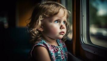 une mignonne blond fille séance par le fenêtre, à la recherche à l'extérieur généré par ai photo