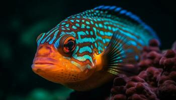 sous-marin poisson dans nature, multi coloré récif, scaphandre autonome plongée dans bleu l'eau généré par ai photo