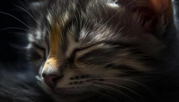 mignonne national chat avec duveteux fourrure, en train de dormir pacifiquement dans la nature généré par ai photo