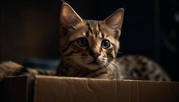 mignonne félin chaton avec rayé fourrure, à la recherche à caméra à l'intérieur généré par ai photo