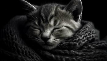 mignonne chaton dormant, fourrure douceur, rayé, yeux fermé, paisible du repos généré par ai photo