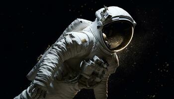 futuriste astronaute dans noir espace costume explore galaxie généré par ai photo
