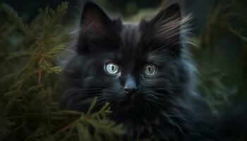 mignonne chaton séance dans herbe, regarder avec curieuse bleu yeux généré par ai photo