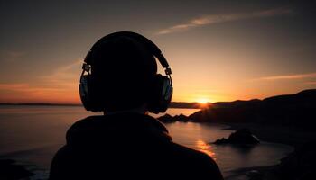 silhouette de un la personne à la recherche à le serein le coucher du soleil généré par ai photo