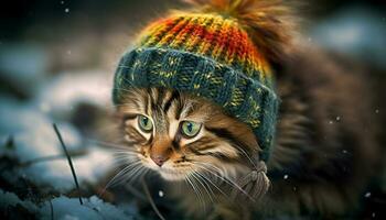 mignonne chaton avec fourrure séance dans neige, à la recherche à caméra généré par ai photo