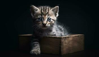 mignonne chaton avec rayé fourrure, séance et regarder avec curiosité généré par ai photo