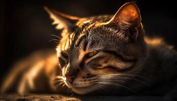 mignonne chaton avec rayé fourrure, en train de dormir pacifiquement dans la nature généré par ai photo