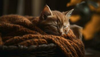 mignonne chaton dormant, duveteux fourrure, rayé, douceur, relaxation, confortable généré par ai photo