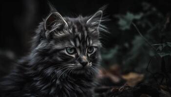 mignonne chaton séance en plein air, regarder avec curieuse animal yeux généré par ai photo